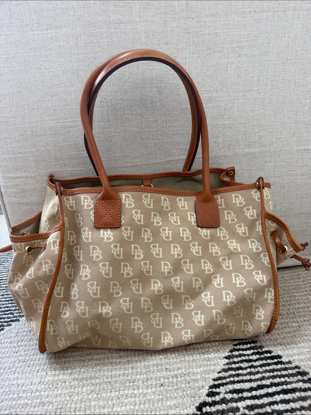 Dooney & Bourke Beige Canvas Tote with Tan Leather Trim
